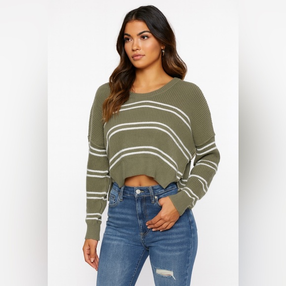 Aerie Striped Sweater Olive Green Crew Neck Pullover Cozy‎ Casual Size M/M - Picture 1 of 3